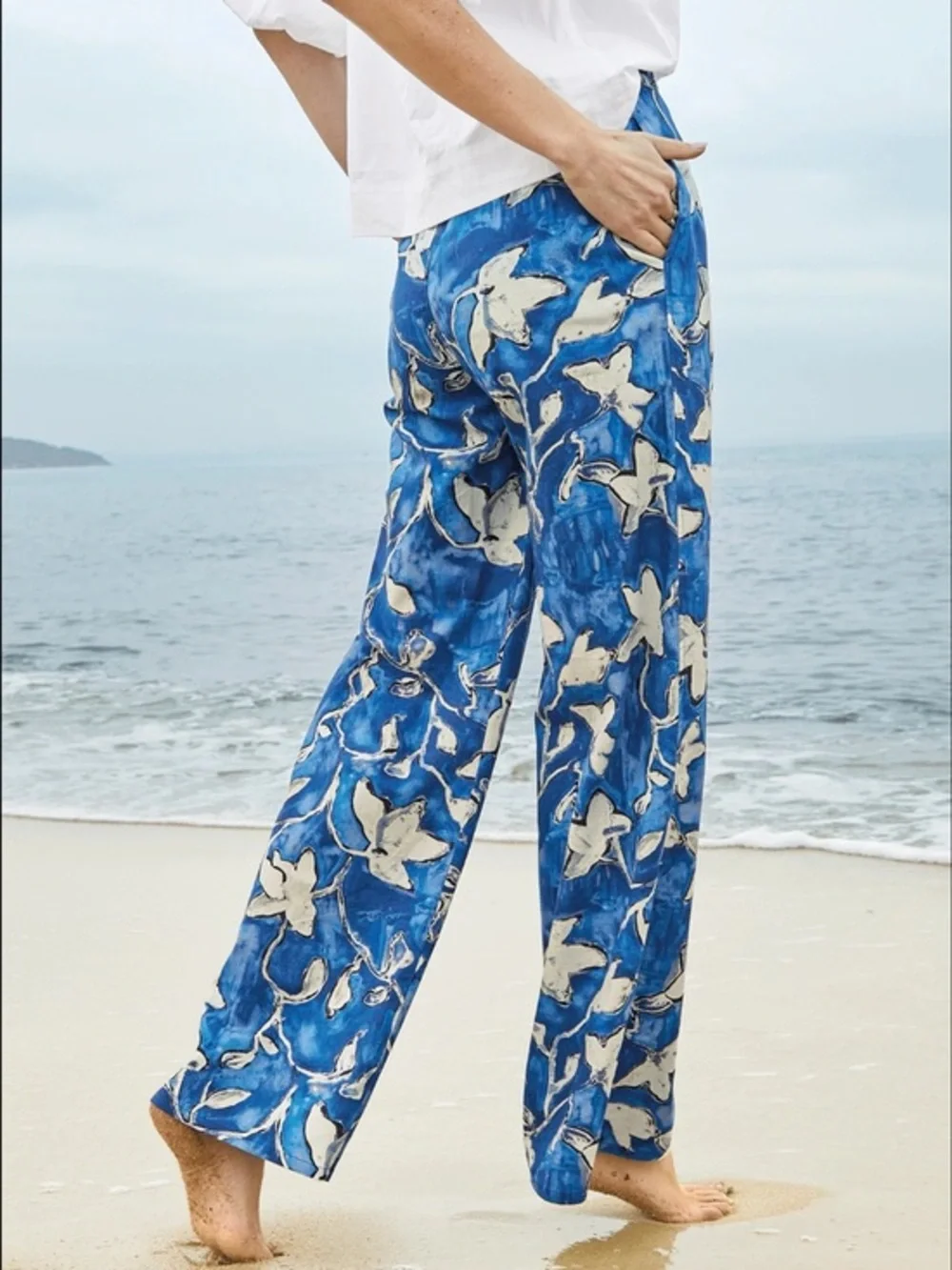 Peruvian Connection Cote D’Azur Linen Blend Wide Leg Pants Blue Floral 8